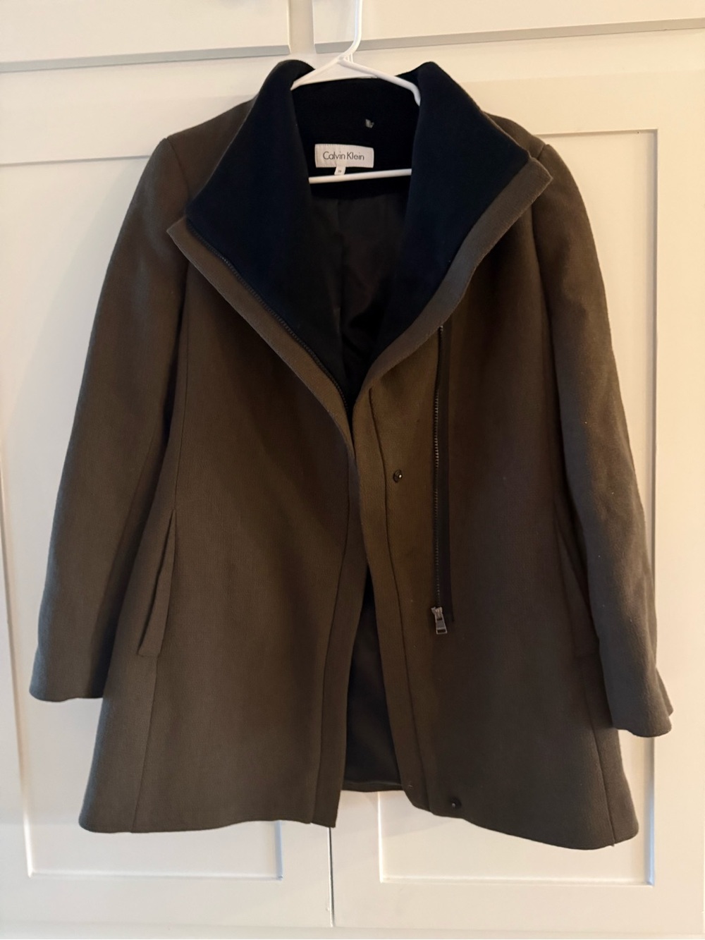 Calvin Klein Wool Blend Asymmetrical Zip Funnel Neck Coat Jacket Size 10 Neutral - Picture 2 of 7